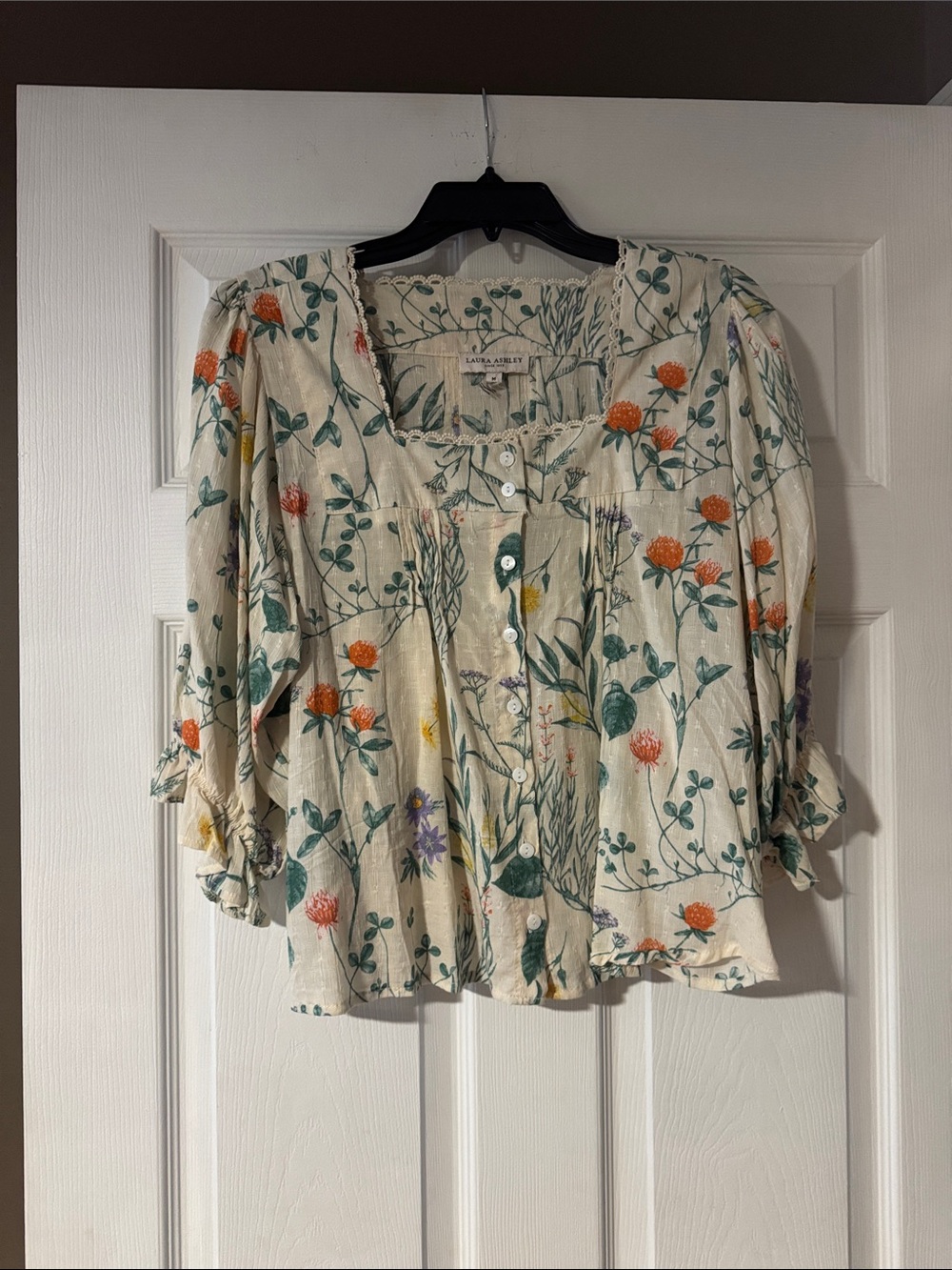 Laura Ashley Cream Floral Button-Front Blouse with Orange & Green Print